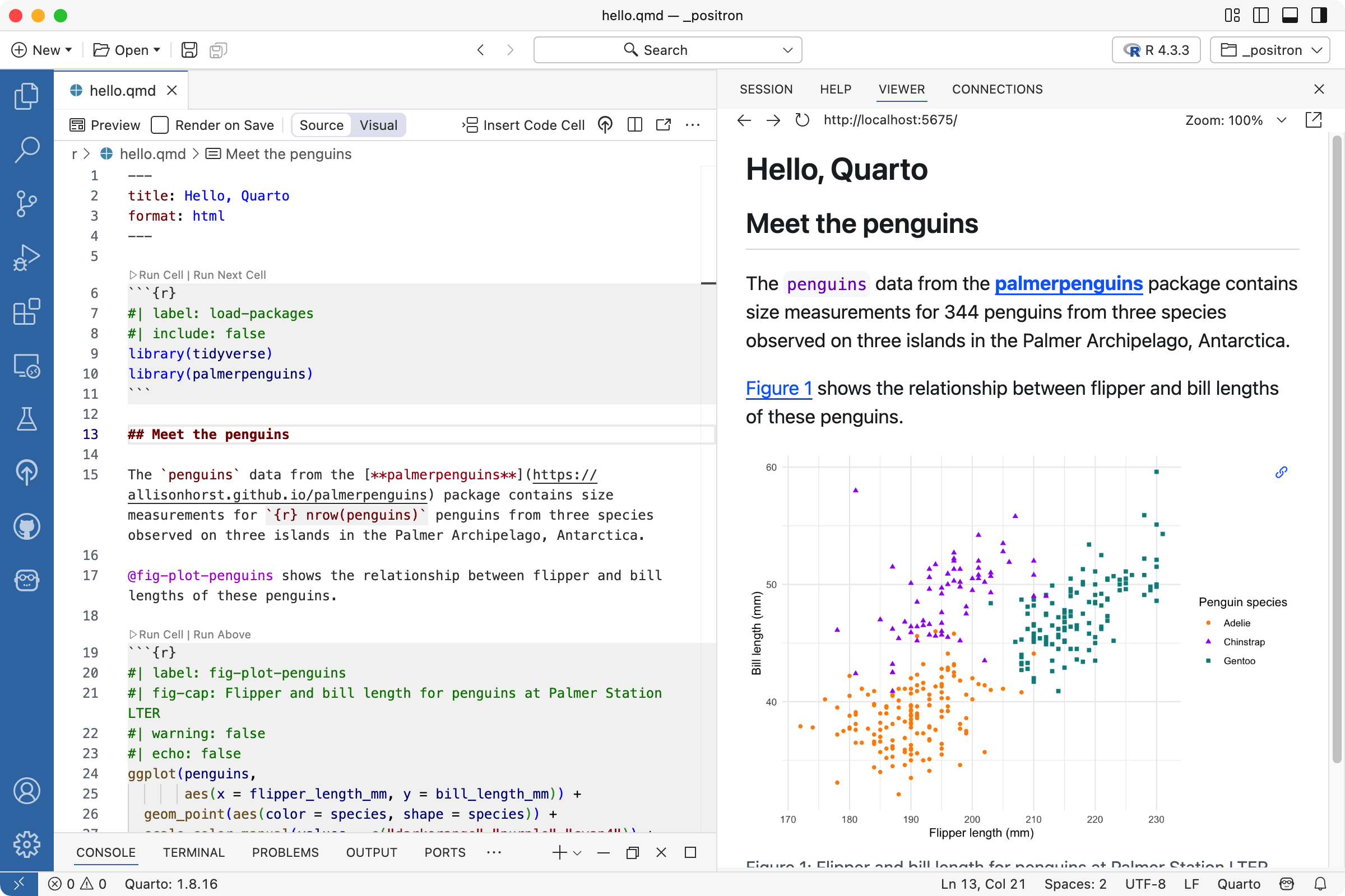 Screen shot of qmd file open in Positron with source markdown shown in Editor pane and a rendered document shown in the Viewer Pane.